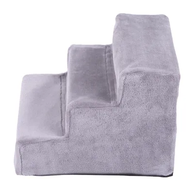 Grijze trap met drie treden, bekleed met zachte stof, geschikt voor huisdieren om hoogteverschillen te overbruggen. Materiaal: stof.