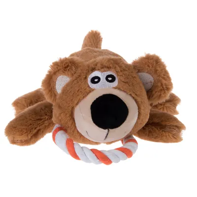 Giocattolo di peluche marrone a forma di orso con anello di corda arancione e bianco come maniglia.