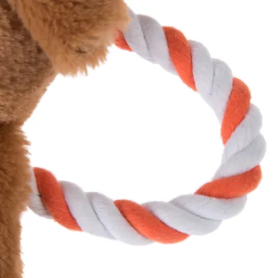 Corda gioco in cotone bianco e arancione, adatta per attività di tiro e masticazione.