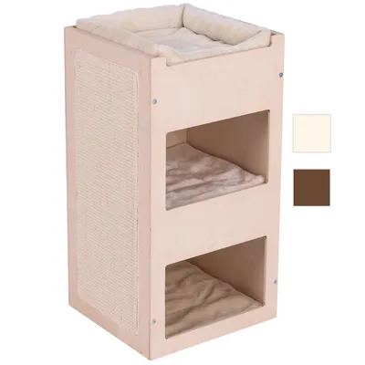 Mueble de madera para gatos con tres niveles acolchados y lateral de sisal visible. Incluye dos muestras de color: beige claro y marrón.