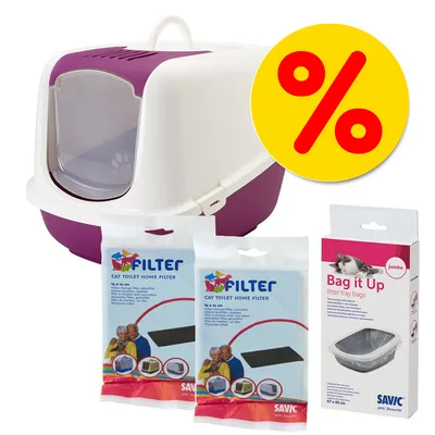 Kattenbak met deksel, 2 zakken Savic Cat Toilet Home Filter en een doos Savic Bag it Up jumbo kattenbakkorreltassen, gele kortingssticker met procentteken zichtbaar.