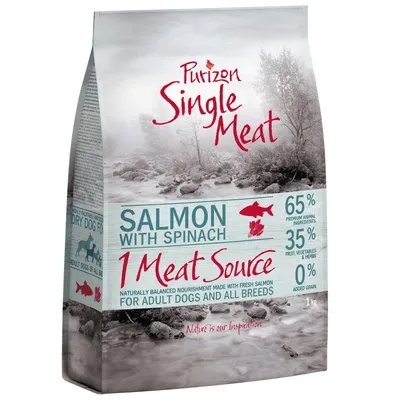 Purizon Single Meat Salmon with Spinach, 65 % ingrédients animaux, 35 % fruits/légumes/herbes, 0 % céréales ajoutées, pour chiens adultes toutes races, sac de 1 kg