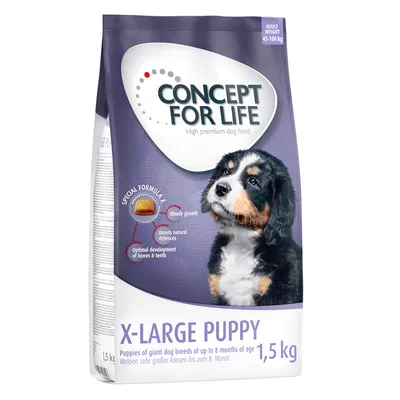 Sac Concept for Life X-Large Puppy 1,5 kg, texte visible : Special Formula X, steady growth, boosts natural defences, optimal development of bones & teeth, adult weight 45–100 kg.