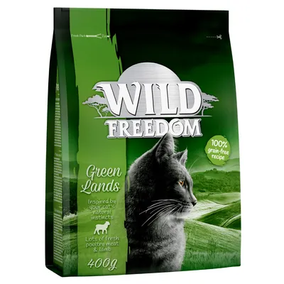 Pachet hrană pentru pisici Wild Freedom Green Lands, 400 g, text vizibil: 100% grain-free recipe, lots of fresh poultry meat & lamb, inspired by your cat's natural instincts.