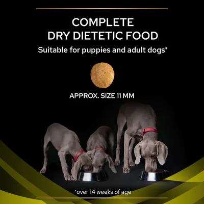Complete dry dietetic food, suitable for puppies and adult dogs over 14 weeks of age. Kibble shown with approximate size 11 mm. Three dogs eating from bowls.