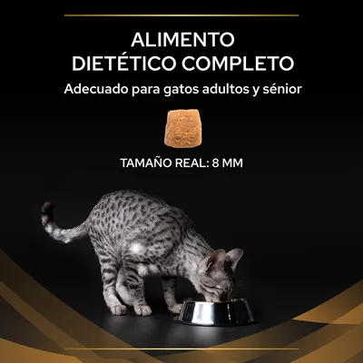 Alimento dietético completo adecuado para gatos adultos y sénior, croqueta de 8 mm de tamaño real, imagen de un gato comiendo en un cuenco metálico.