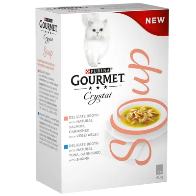 Purina Gourmet Crystal Soup. Caldo fino con salmón natural y verduras o atún y gambas. El paquete contiene 4x40g.