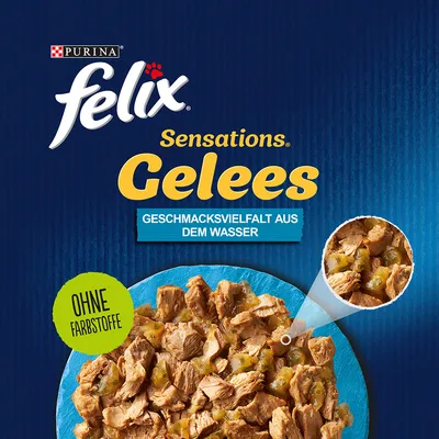 Purina Felix Sensations Gelees, ποικιλία γεύσεων από τη θάλασσα, χωρίς χρωστικές. Κοντινή λήψη κομματιών σε ζελέ.