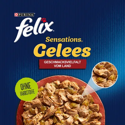 Purina Felix Sensations Gelees, ποικιλία γεύσεων από την ύπαιθρο, χωρίς χρωστικές. Εικόνα κομματιών κρέατος σε ζελέ σε κόκκινο πιάτο.
