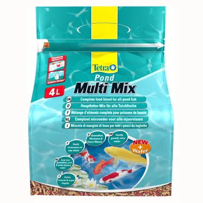 Tetra Pond Multi Mix 4L, täysravintosekoitus allaskaloille. Pakkauksessa teksti: Complete food blend for all pond fish, Health, growth, clear water, NEW + Wafer. Tetra Pond Multi Mix 4L, täysravintosekoitus allaskaloille. Pakkauksessa teksti: Complete food blend for all pond fish, Health, growth, clear water, NEW + Wafer.