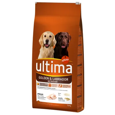 Saco de pienso Ultima Affinity Golden & Labrador Retriever, pollo, 14 kg. Texto visible: ingredientes de primera calidad, arroz, cereales integrales, sin colorantes ni conservantes.