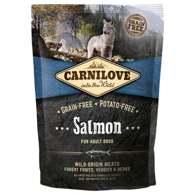 Carnilove into the Wild Salmon for Adult Dogs, Grain-Free, Potato-Free feliratú kutyatáp csomagolás, látható márkanév és fő összetevő: lazac.