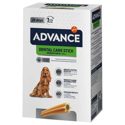 Advance Dental Care Stick Medium-Maxi dla psów powyżej 10 kg. Klinicznie udowodniono: redukuje kamień nazębny o 94%, płytkę nazębną o 82%, zapewnia świeży oddech w 65%. Opakowanie na 28 dni, 1 stick dziennie.