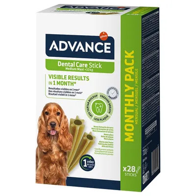 Boîte Advance Dental Care Stick Medium-Maxi +10 kg, pack mensuel x28 sticks. Texte : résultats visibles en 1 mois, moins de tartre, haleine fraîche, moins de plaque.
