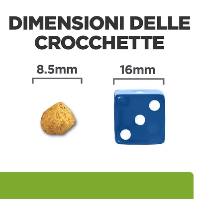 Dimensioni delle crocchette: 8,5 mm a confronto con un dado da 16 mm. Testo visibile: 'DIMENSIONI DELLE CROCCHETTE', '8.5 mm', '16 mm'.