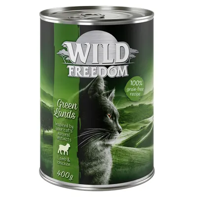 Wild Freedom Green Lands, 400g can. 100% grain-free recipe with lamb and chicken, inspired by your cat’s natural instincts.