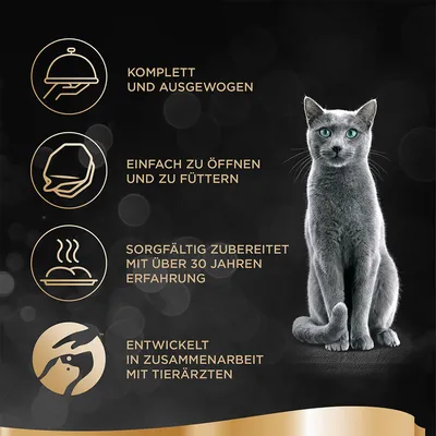 Tekst in het Duits: Komplett und ausgewogen, einfach zu öffnen und zu füttern, sorgfältig zubereitet mit über 30 Jahren Erfahrung, entwickelt in Zusammenarbeit mit Tierärzten.