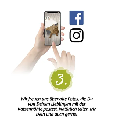 Hand zeigt auf Smartphone mit Katzenfoto. Text: Wir freuen uns über alle Fotos, die Du von Deinen Lieblingen mit der Katzenhöhle postest. Natürlich teilen wir Dein Bild auch gerne!