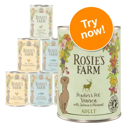 Rosie’s Farm adult dog food tins, visible flavours: Poacher’s Pot Venison with Salmon & Pheasant, Seaside Feast Fish & Chicken, Slow-cooked Chicken & Turkey. Orange badge reads Try now!