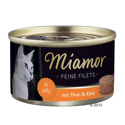 Miamor Feine Filets In Jelly mit Thun & Käse, boîte pour chat avec image de chat et filet visible sur l’étiquette. Texte en allemand.