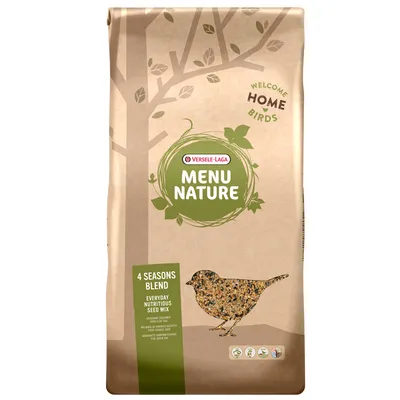 Versele-Laga Menu Nature, 4 Seasons Blend, Everyday Nutritious Seed Mix. Förpackning med fågelmotiv och näringssymboler.