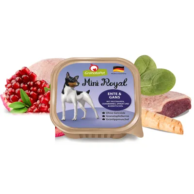 GranataPet Mini Royal kaczka i gęś, z pasternakiem, żurawiną, szpinakiem i olejem z ogórecznika. Bez zbóż, pestek granatu, małży nowozelandzkiej. Wyprodukowano w Niemczech.
