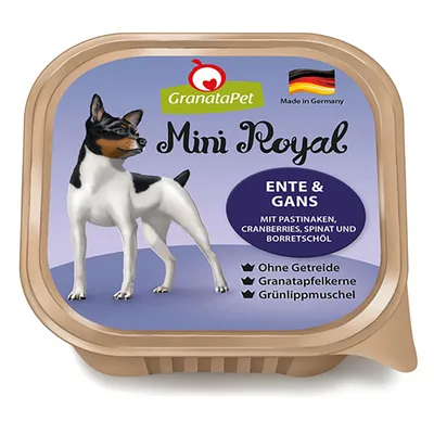 GranataPet Mini Royal kaczka i gęś. Z pasternakiem, żurawiną, szpinakiem i olejem z ogórecznika. Bez zbóż, pestek granatu, małży zielonowargowej. Wyprodukowano w Niemczech.