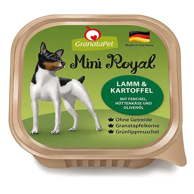 GranataPet Mini Royal jagnięcina i ziemniaki. Z koprem włoskim, twarogiem i oliwą z oliwek. Bez zbóż, pestek granatu, małży nowozelandzkiej. Wyprodukowano w Niemczech.
