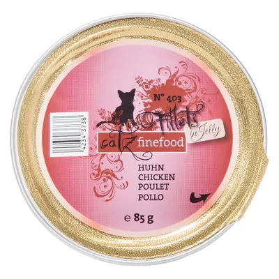 catz finefood No 403 Fillet in Jelly, Huhn Chicken Poulet Pollo, 85 g. Rund förpackning med rosa etikett och guldfärgat lock.