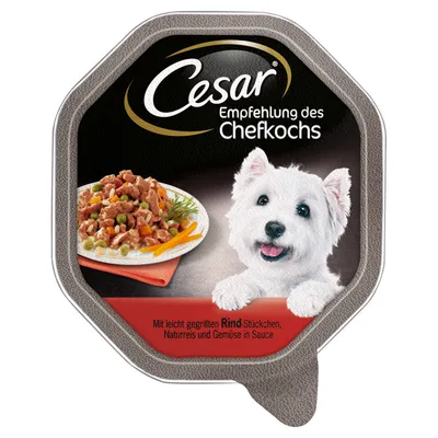 Cesar Empfehlung des Chefkochs. Mit leicht gegrillten Rind-Stückchen, Naturreis und Gemüse in Sauce.