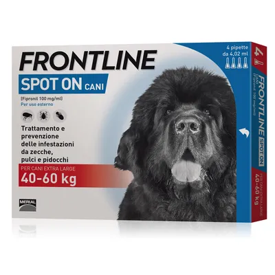 Frontline Spot On cani, trattamento e prevenzione infestazioni da zecche, pulci e pidocchi. Per cani extra large 40–60 kg. 4 pipette da 4,02 ml. Fipronil 100 mg/ml.