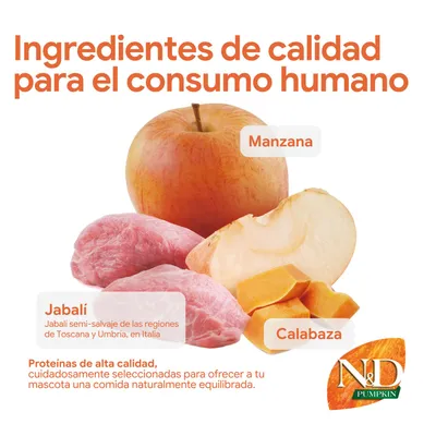 Ingredientes: manzana, jabalí de Toscana y Umbría, calabaza. Proteínas de alta calidad, cuidadosamente seleccionadas para una comida naturalmente equilibrada. N&D Pumpkin.
