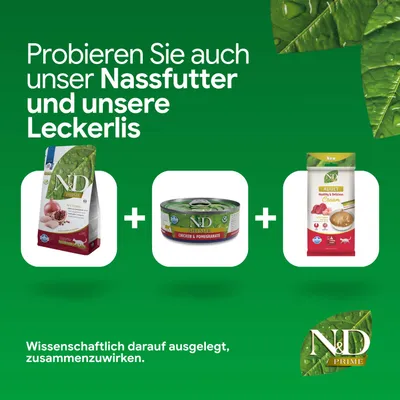 Probieren Sie auch unser Nassfutter und unsere Leckerlis. Wissenschaftlich darauf ausgelegt, zusammenzuwirken. Abgebildet: N&D Prime Trockenfutter, Nassfutter, Leckerli.
