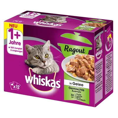 Whiskas Ragout in Gelee, hrană umedă pentru pisici adulte 1+ ani, selecție mixtă: pui, somon, vită, ton, 12 plicuri. Text în germană: 100% komplett & ausgewogen.