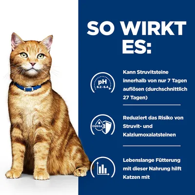 So wirkt es: Kann Struvitsteine innerhalb von nur 7 Tagen auflösen, reduziert das Risiko von Struvit- und Kalziumoxalatsteinen, lebenslange Fütterung hilft Katzen mit pH 6.2-6.4.