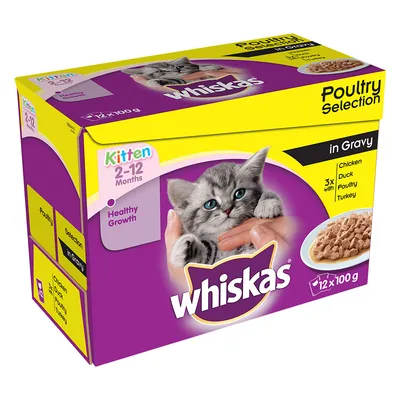 Whiskas Kitten 2–12 Months, Healthy Growth, Poultry Selection in Gravy, piletina, patka, perad, puretina, 12×100 g. Slika mačića na pakiranju.
