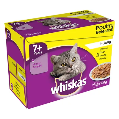 Whiskas 7+ Years Poultry Selection in Jelly, Vitality Support, 12 x 100 g. Sortimente: Chicken, Duck, Poultry, Turkey. Ambalaj mov-galben cu imagine pisică și hrană umedă.