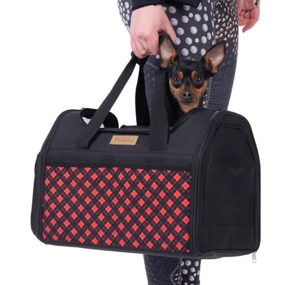 Sac de transport noir avec motif à carreaux rouges, poignées noires, marque 'Kumfiest' visible, animal à l'intérieur, côtés en maille pour aération.