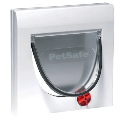 PetSafe sportello per gatti in plastica bianca con anta trasparente e chiusura rotante rossa.