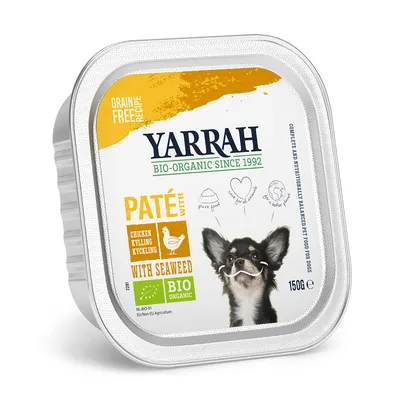 Yarrah Bio-Organic Paté csirkehússal és tengeri algával, gabonamentes recept, 150 g. Bio tanúsítvány: NL-BIO-01. Kutyás illusztráció a csomagoláson.