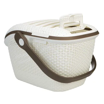 Panier de transport en plastique blanc à poignée marron, couvercle ajouré avec ouverture sur le dessus, motif tressé visible.