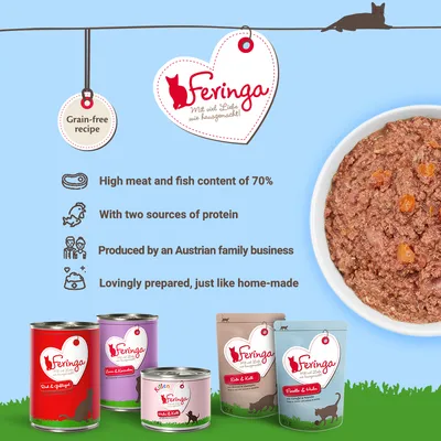 Grain-free recipe with 70% meat and fish, two protein sources, produced by an Austrian family business, lovingly prepared. Image shows Feringa tins and a bowl of food.