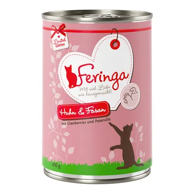 Κονσέρβα Feringa Huhn & Fasan, Limited Edition, 400g. Ορατό κείμενο: Mit viel Liebe wie hausgemacht!, mit Cranberries und Petersilie.