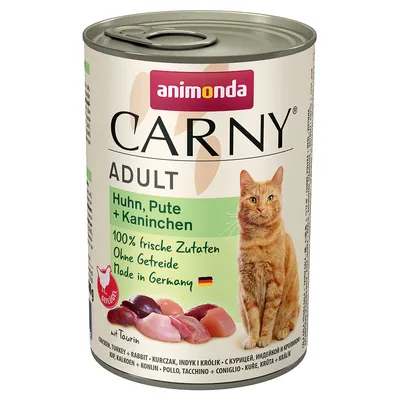 Animonda Carny Adult, csirke, pulyka + nyúl. 100% friss összetevők, gabonamentes, Made in Germany. Taurinnal és szárnyas szimbólummal.