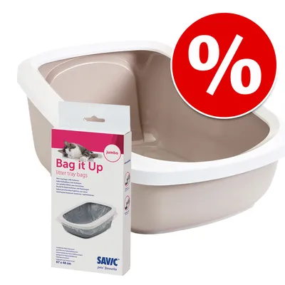 Kattenbak met witte rand en beige binnenkant, verpakking Savic Bag it Up kattenbakzakken 67×48 cm zichtbaar, rode kortingssymbool met procentteken.