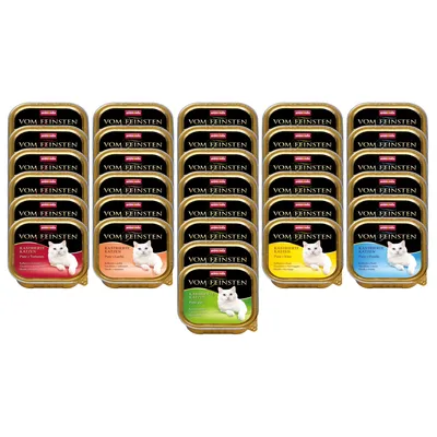 Várias embalagens de comida húmida para gatos Vom Feinsten, diferentes variedades visíveis: frango com tomate, frango com salmão, frango com ervas, frango com queijo, frango com fiambre.