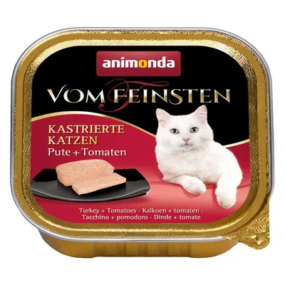 animonda Vom Feinsten KASTRIERTE KATZEN Pute + Tomaten, widoczny kawałek karmy na czarnym talerzu, opakowanie aluminiowe 100 g