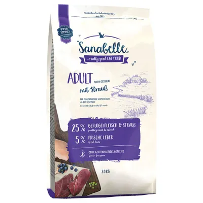 Sanabelle Adult with ostrich, 25% poultry meat & ostrich, 5% fresh liver, gluten-free grains, for adult cats from 12 months, 20 kg.