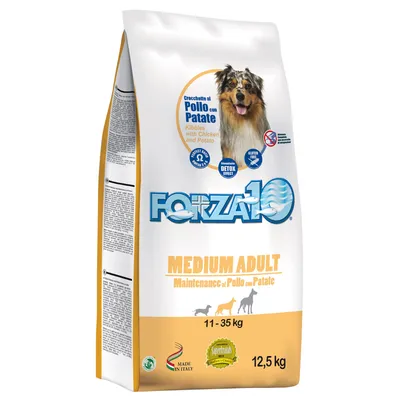 Sac de croquettes Forza10 Medium Adult, poulet et pomme de terre, pour chiens 11–35 kg, 12,5 kg. Texte visible : gluten free, made in Italy, superfoods, detox effect.