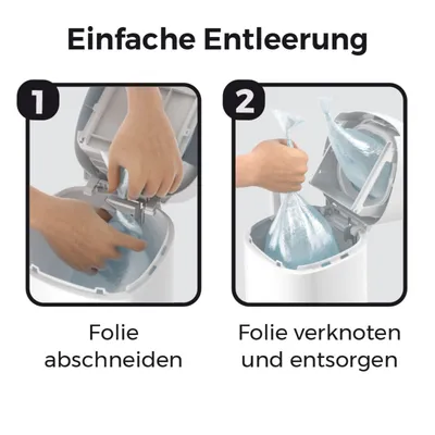 Anleitung zur einfachen Entleerung: Schritt 1 - Folie abschneiden. Schritt 2 - Folie verknoten und entsorgen.